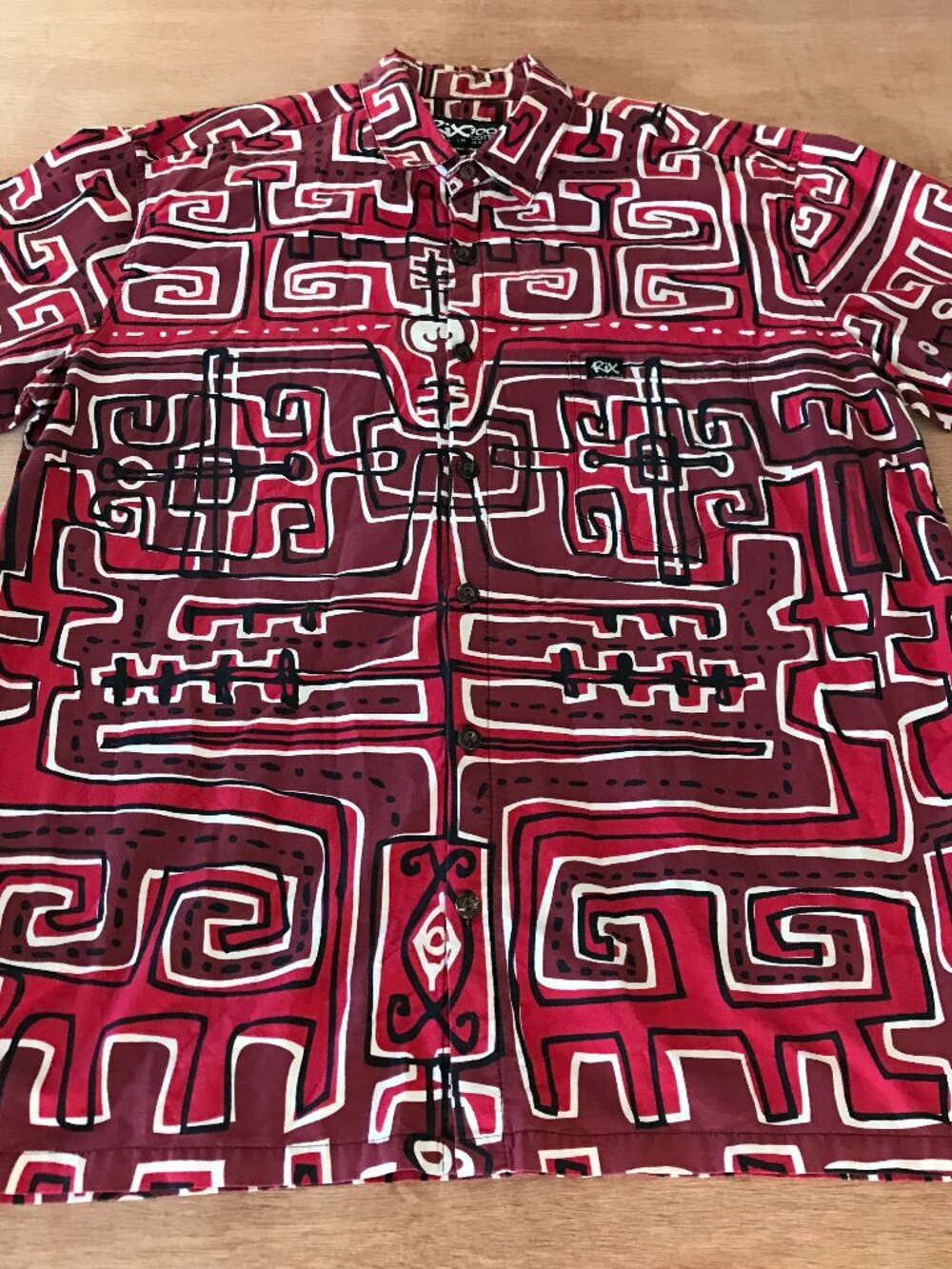 Rix Hawaiian Shirt Men XXL Red Geometric Tribal Button Up Pocket Short Sleeve
